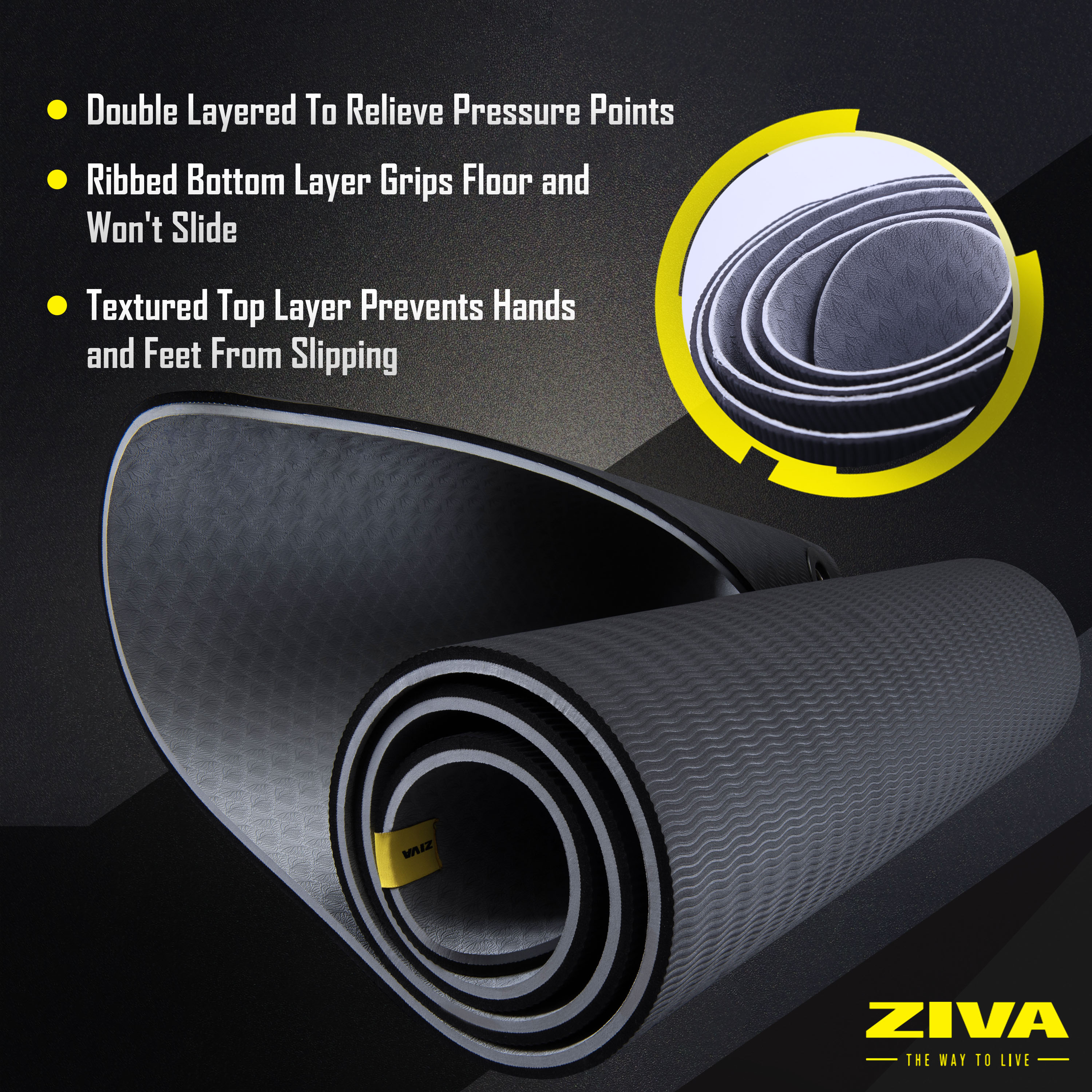 Double layered to relieve pressure points. Ribbed bottom layer grips floor and won't slide. Textured top layer prevents hands and feet from slipping.