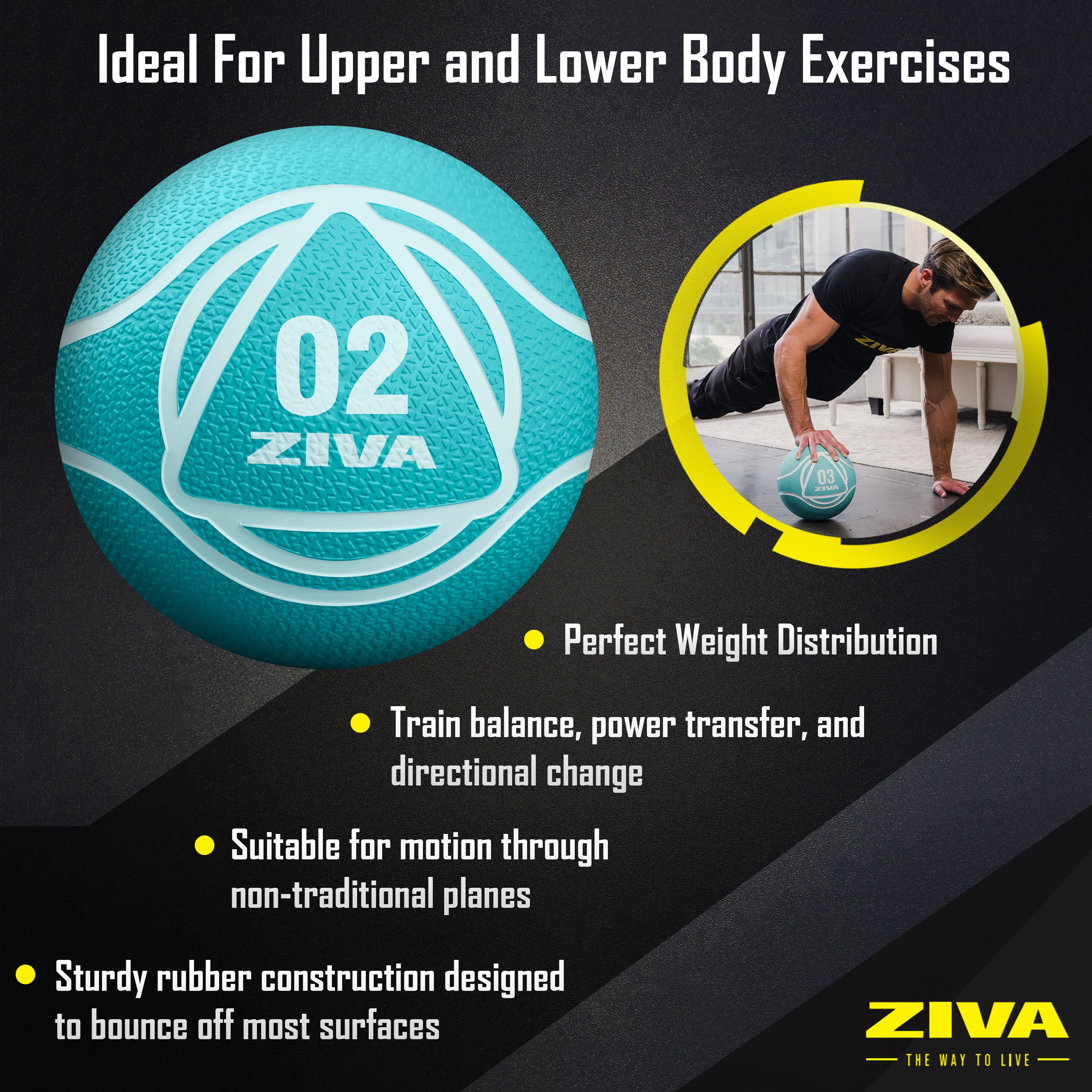 Ideal for upper and lower body exercises. Perfect weight distribution. Train balance, power transfer, and directional change. Suitable for motion through non-traditional planes. Sturdy rubber construction designed to bounce off most surfaces.