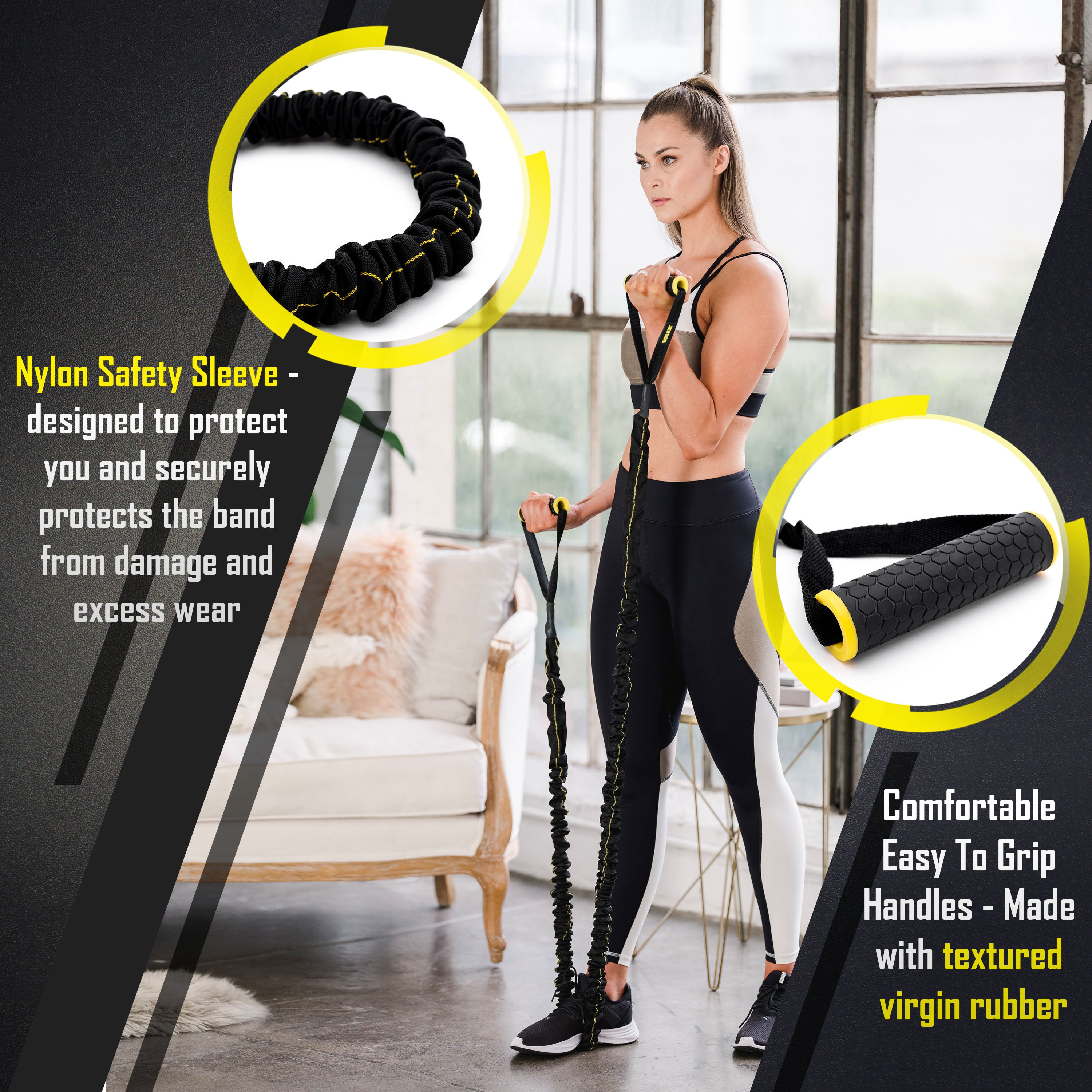 Nylon safety sleeve- designed to protect you and securely protects the band from damage and excess wear. Comfortable easy to grip handles - made with textured virgin rubber.
